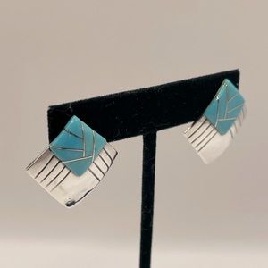 VINTAGE Navajo Sterling Silver Turquoise Inlay Shield Earrings
